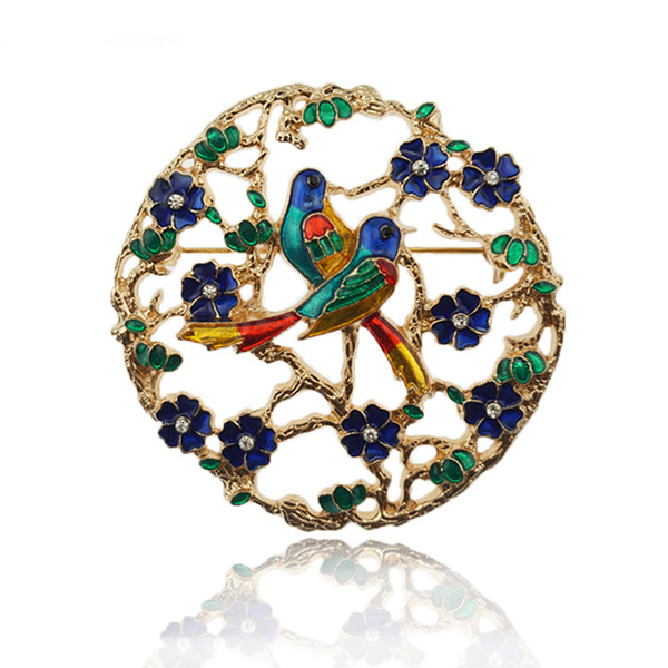 50pcs/lot Fashion Women Jewelry Round Enamel Flower Bird Brooch Pin for gift