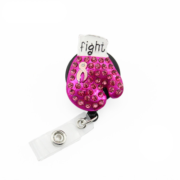 10pcs/lot Breast Cancer Awareness Id Baghe Holder Crystal Boxing Golve Badge Retractable Pulling Reel Holder