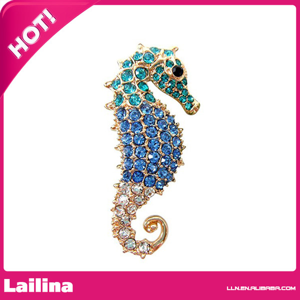 100pcs/lot Charming Animal Gold Tone Seahorse Brooch Pin with Colorful Rhinestone Crystal Hot sale Brooch