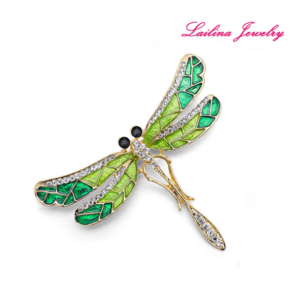 Lailina Jewelry Plating Gold Green Enamel Dragonfly Brooch Pins Rhinestone Crystal Insect Brooches Decorative Garment Accessories