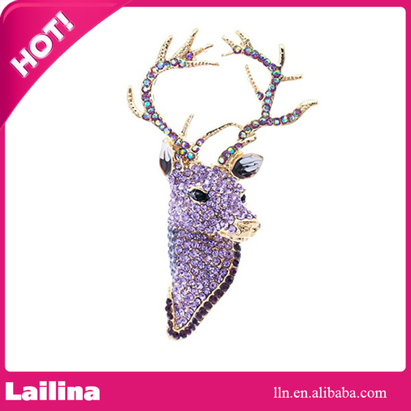 100pcs/lot Lailina Jewelry Purple Rhinestone Christmas Brooches Pins Crystal Deer Head Brooch as Festival Gift