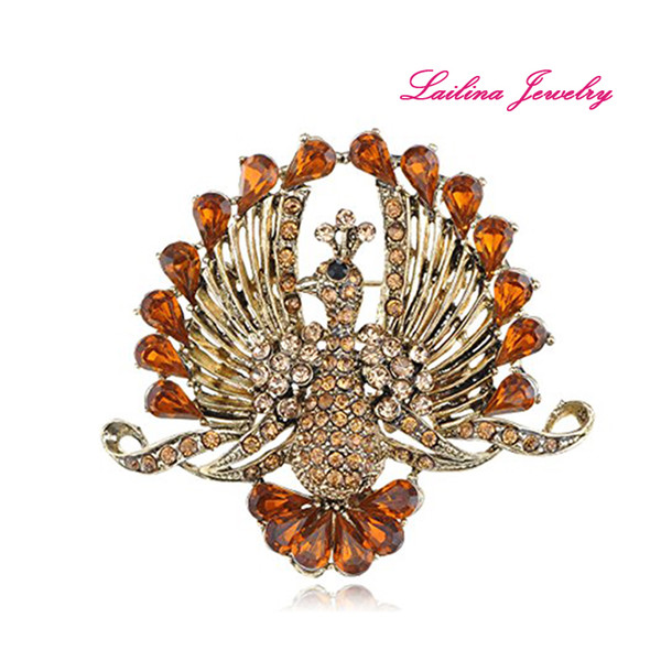 100pcs/lot Elegant Fashion Jewelry Antique Gold Topaz Crystal Rhinestone Tail Peacock Animal Pin Brooch 55mm