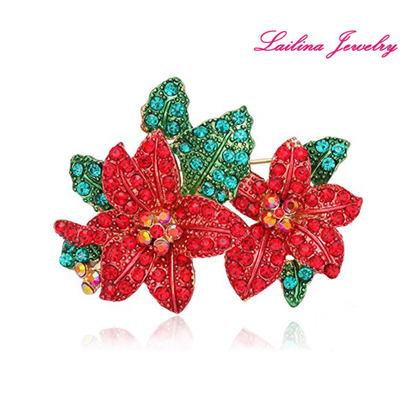 New Luxurious Red Rhinestone Crystal Gold Tone Rose Flower Leaf Brooch Pins for Women Jewelry Accessories - 60mm*45mm