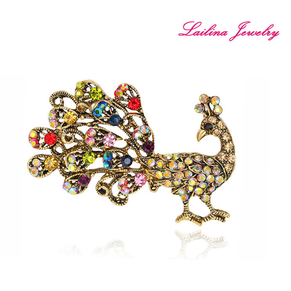 100pcs/lot New Arrival Fashion Wedding Pins Women Jewelry Brooches Multicolor Rhinestone Vintage Peacock Brooch Pins as Gifts