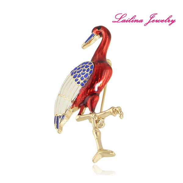 100pcs/lot Animal Brooch Pins Gold Color with White Blue Red Enamel Crane Brooches for Lady Gift Jewelry