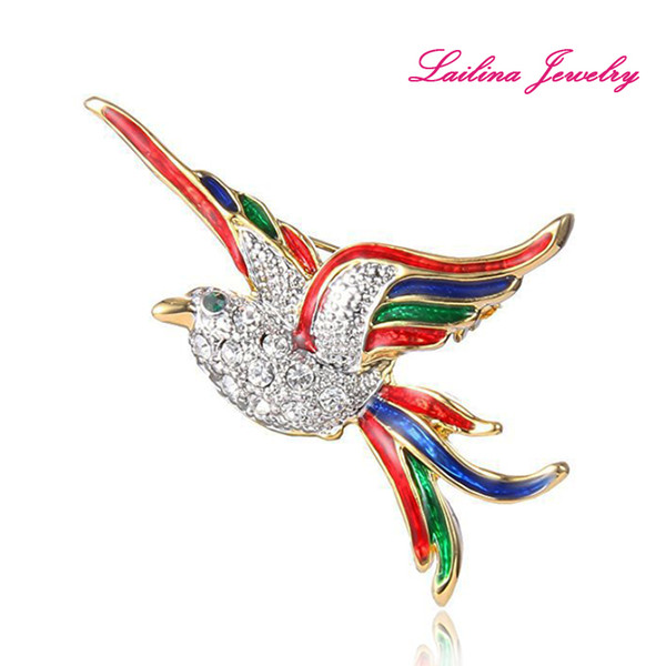 100pcs/lot Gold-Tone Crystal Colorful Enamel Flying Bird Brooch Pins Clear Rhinestone Elegant Animal Fashion Brooches