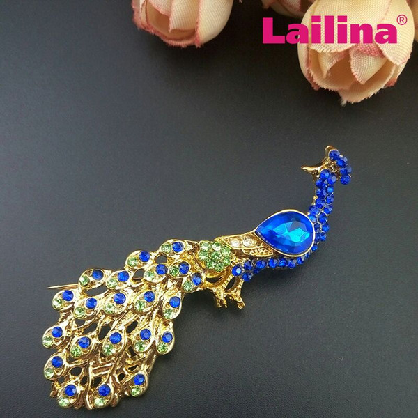 100pcs/Multi Color Vintage Blue Peacock Brooch Gold Tone Wedding Dress Peacock Animal Brooch Decoration