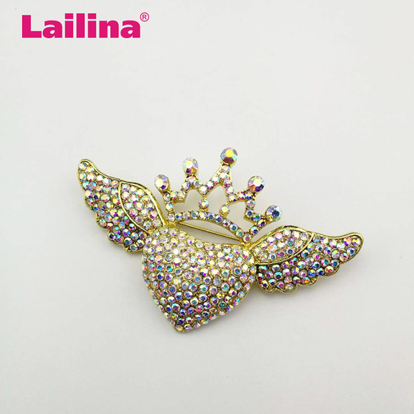 100pcslotHot Sale Sparkle Crystal AB Rhinestone Angel Wing Crown Brooch Gold Plated Metal Brooches Pins for Wedding Dress Docoretion Jewelry