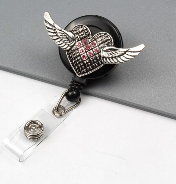 20pcs/lot New Fashion Rhinestone vintage color angel wing Retractable ID Badge Holder reel for gift/party