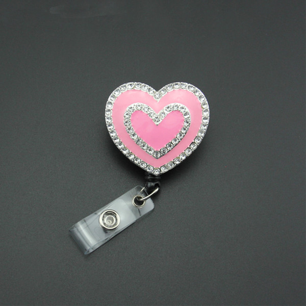 20pcs/lot Enamel Rhinestone Pink Heart Decorative Stretchable ID Badge Reel Holder Retractable Pulling Reel Holder