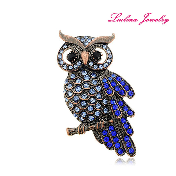 100pcs/lot Vintage Style Bridal Scarf Pins Royal Blue Rhinestone Night Owl Brooch Pin Crystal Jewelry