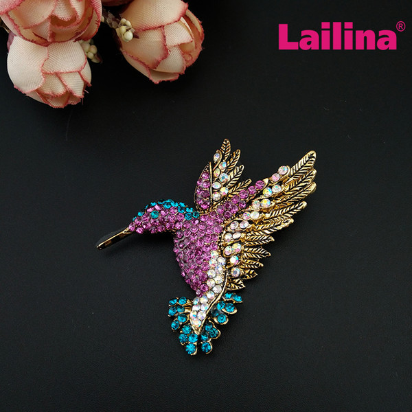 50pcs/lot Multi-color Rhinestone Crystal Aimal Bird Hummingbird Brooch for Women