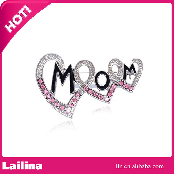 100pcs/lot Wholesale Brooch for Mother's Day Birthday Gift Heart-shaped Brooch Pin with MOM Word Rhinestone Brooches