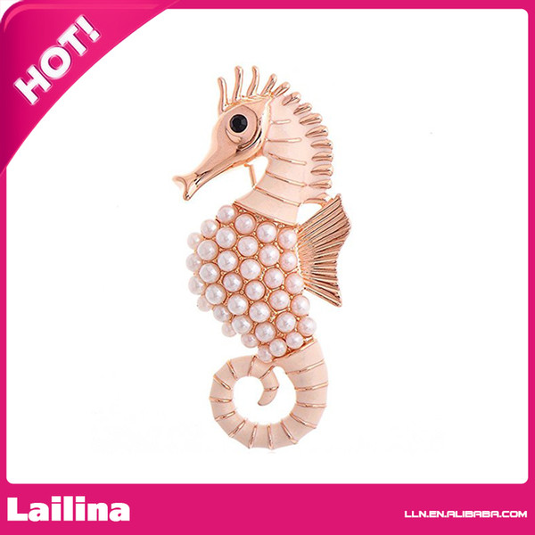 100pcs/lot Women Simulated Pearl Rose Gold Plated Hippocampus Seahorse Brooch Pin Bridal Wedding Bouquet Brooch