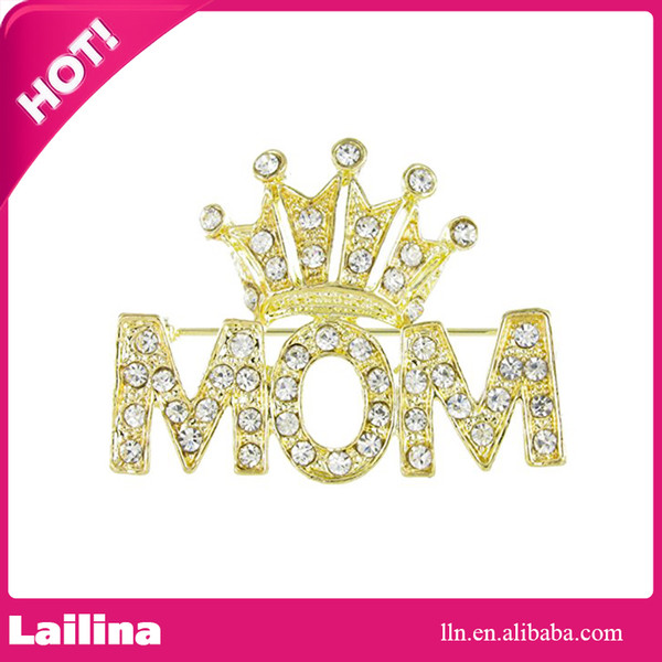 100pcs/lot Mother's Day Brooch Pin Rhinestone Crystal Crowned Mom Word Crown Brooches Pins Women Jewelry