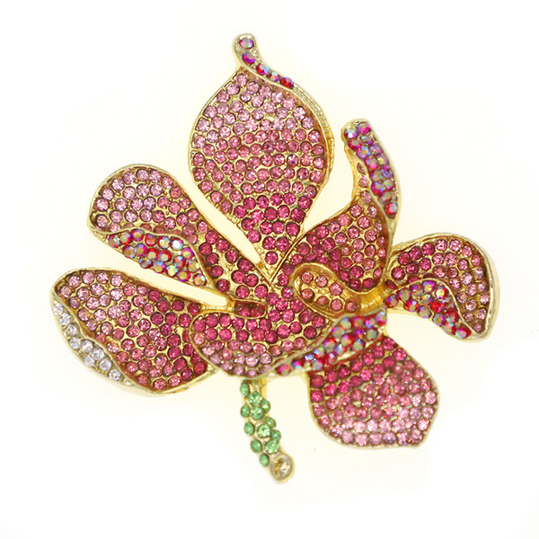 20pcs lot Free Shipping gold-Tone Orchid Flower Petal Brooch with pink Rhinestone Crystal Pin