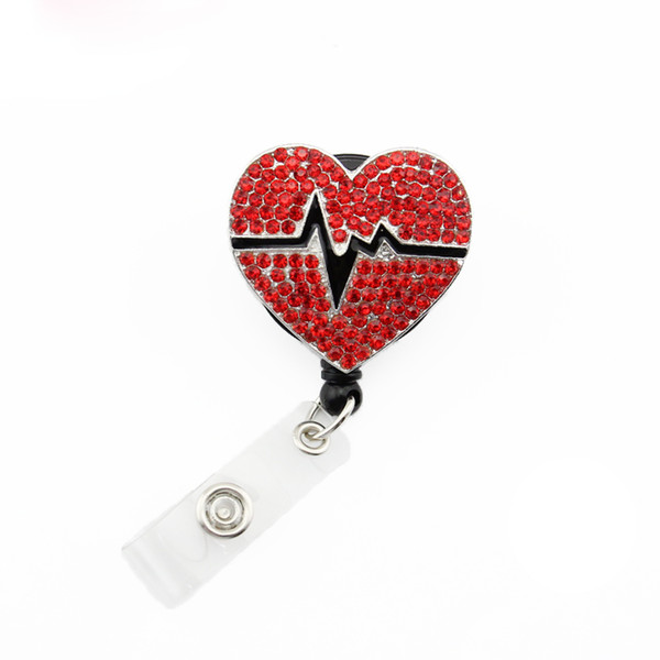 10pcs/lot Rhinestone Medical Id Baghe holder Crystal Heart Shape Nurse Doctor Symbol Heart Beat Badge Retractable Pulling Reel Holder