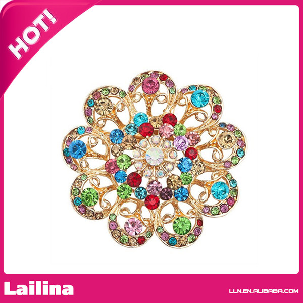 100pcs/lot Vintage Fancy Plated Gold Round Flower Brooch with Multi-color Crystal Rhinestone Elegant Brooches and Pins Fashion Women Jewelry