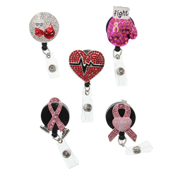 10pcs/new free shipping a lot Medical Breast cancer awareness Rhinestone Retractable ID Badge Reel Holder