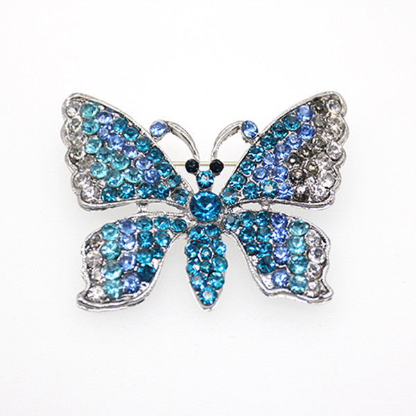 30pcs/a lot New fishion jewelry lake blue rhinestone butterfly pin electroplating silver blue butterfly brooch