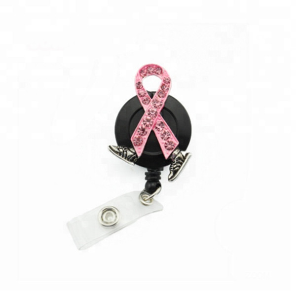 10pcs/lot Breast Cancer Awareness Id Baghe holder Rhinestone Pink Ribbon Badge Retractable Pulling Reel Holder