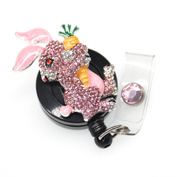 20pcs/lot New Design High Quality Pink Rabbit With Carrot Rhinestone Name Carder ID Badge Holder Retractable Reel