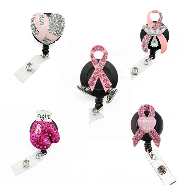 10pcs/lot Breast Cancer Awareness Id Baghe holder Nurse Doctor Pink Ribbon Badge Retractable Pulling Reel Holder