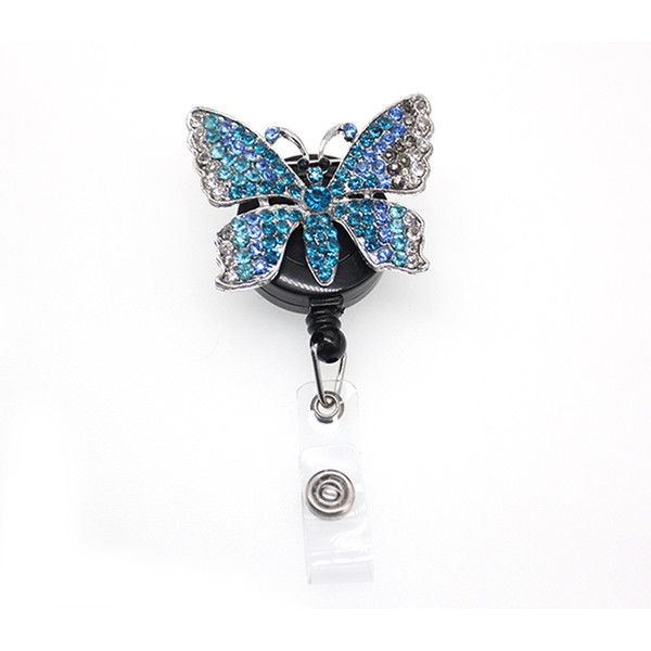 20pcs/New a lot Zinc Alloy Rhinestone Animal Blue Butterfly Retractable Pull Badge Scroll Decoration with Clip ID Badge Holder