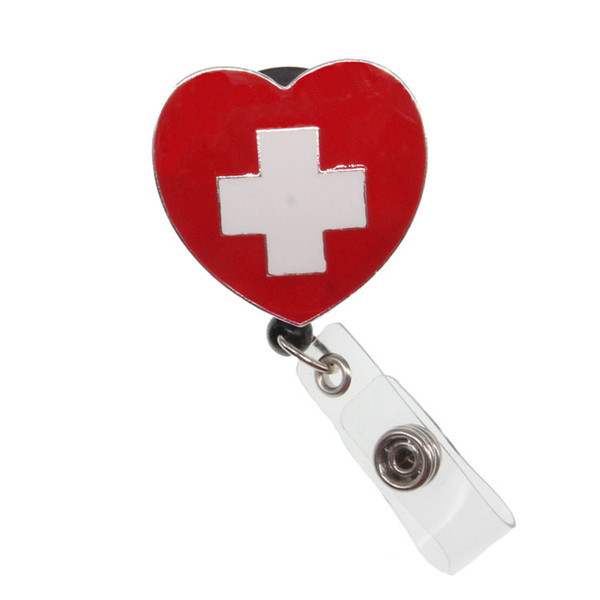 5pcs/lot Heart Shape Red Cross Logo Retractable ID Badge Holder Nurse Doctor Medical Badge Reel Holder