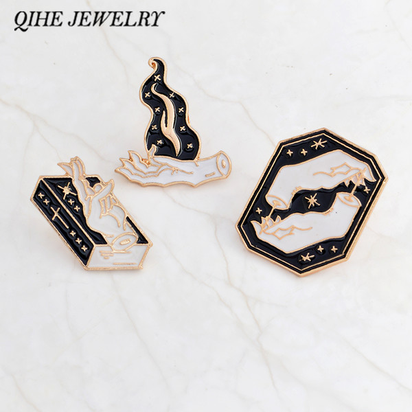 QIHE JEWELRY Black witch and handbook flame enamel pin black and white hand brooches Badges Pinback Witch pin Witch jewelry Punk