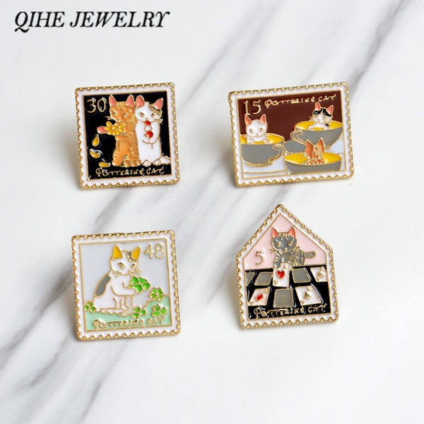 QIHE JEWELRY Pins and brooches Grassland bowl flower stamp cat Enamel pins Badges Lapel pin Hard enamel pins Cat jewelry