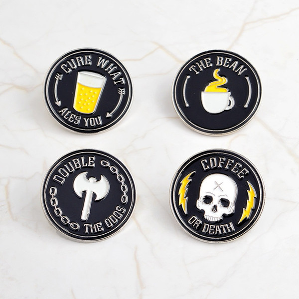 QIHE JEWELRY The bean,coffee or death,black coffee skull badges Pins Brooches Lapel pin Skeleton pins Punk jewelry Men Women