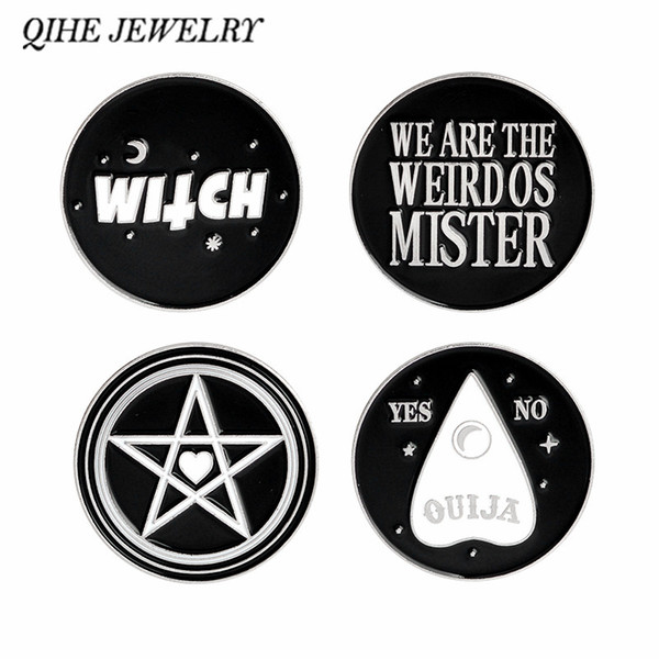 QIHE SIERADEN Zwarte Ronde Heks, ouija, weirdos, pentagram Emaille pins reversspeldjes Heks Wizard Magic Wiccan Sieraden voor vrouwen