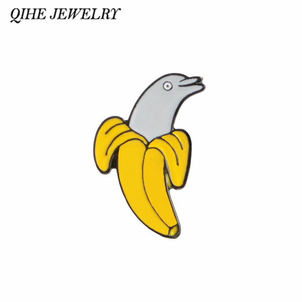 QIHE SIERADEN Banaan dolfijn pin Enamel pins reversspeldjes Badges Broches voor mannen vrouwen Rugzak Hoed Tas Accessoires