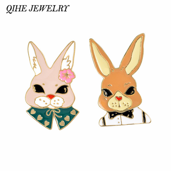 QIHE JEWELRY Hard enamel pin Mrs rabbit & Mr rabbit Bunny brooch Rabbit jewelry kawaii accessories Animal lover gift