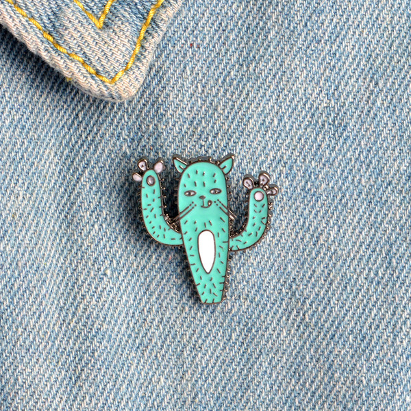 Funny Cartoon Oil Drop Green Cat Cactus Pins Cat Jewelry Cactus Jewelry Girl Jeans Bag Decoration Pin Wholesale