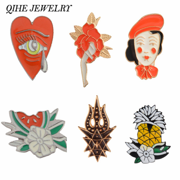 QIHE SIERADEN Rode bloem Ananas Watermeloen Hart Tear Meisje Harde emaille pin set Broches Badges Revers pin Vrouwen Meisje