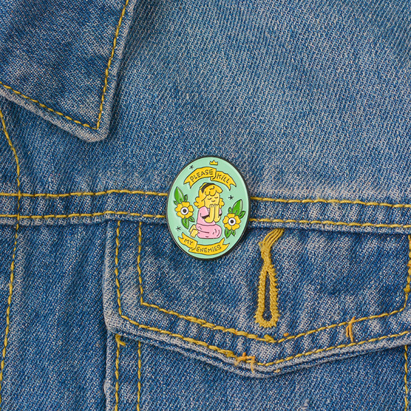 Little Girl Flower Banner Soft Enamel Brooches PLEASE KILL MY ENEMIES Button Pin clothes Badge Cartoon Jewelry Gift for Friends