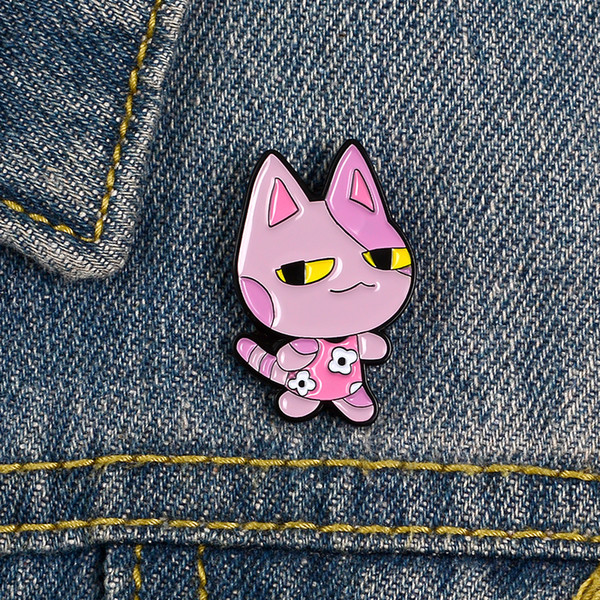 Lapel Pin Sad Pink Cat Enamel Brooch Yellow Eyes Cartoon Pin Clothes Badge Jewelry Gift For Friends Kids