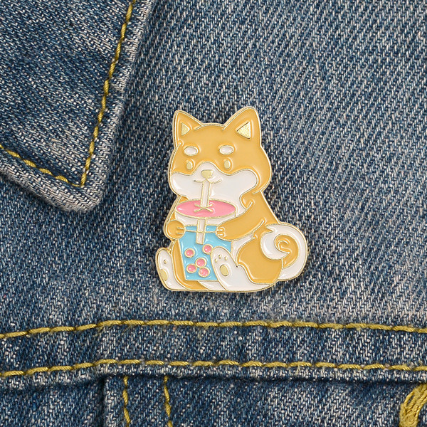 Lapel Pin Dog Drink Milk Tea With Pearl Enamel Brooch Pin Clothes Badge Cartoon Jewelry Gift For Friends Kids