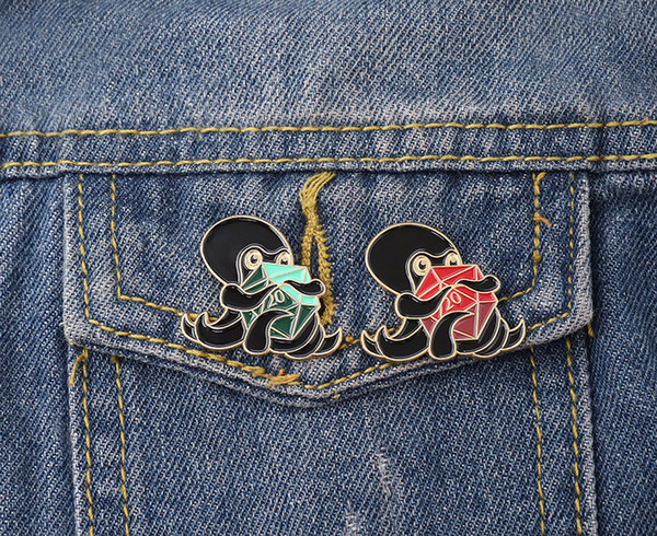 Two Cartoon Octopus Enamel Brooches Green Red Button Pins for Clothes Bag Badge Punk Jewelry Gift For Friends