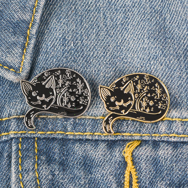 Cat enamel Pin Black Animal denim Brooch Well-behaved quiet Rolled up Body Fell asleep Badge lapel coat Jewelry