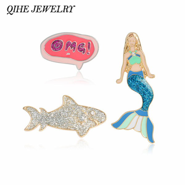 QIHE JEWELRY Enamel pins Shining blue mermaid silver shark OMG! pins brooches badges lapel pin Collar t-shirt accessories