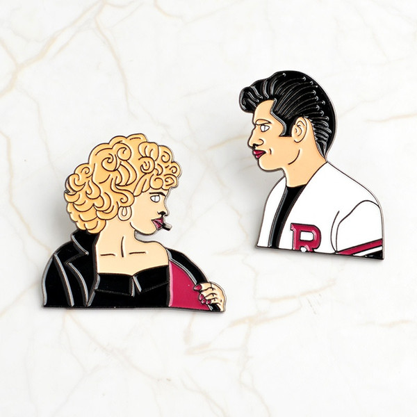 QIHE JEWELRY Movie Grease Sandy and Danny Hard Enamel Pin Set Brooches Badges Lapel pin set Men Women Lovers pin Grease Jewelry