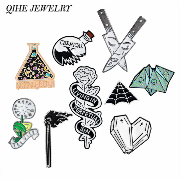 QIHE SIERADEN origami, je wens paardebloem, coffin hart, spiderweb, rose, dolk Emaille pins Broches Pins collection Punk sieraden