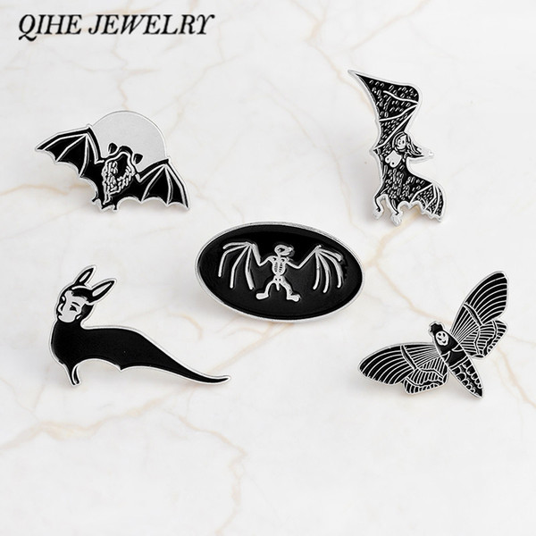 QIHE JEWELRY Gothic style Black Bat Skeleton Enamel pins Badges Lapel pin Jackets Backpack Hats Accessories Punk pins collection