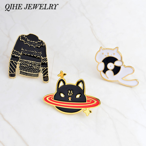 QIHE JEWELRY Pins and brooches Space cat,music CD cat,black sweater pins Cat pins Badges Hard enamel lapel pin Cat jewelry