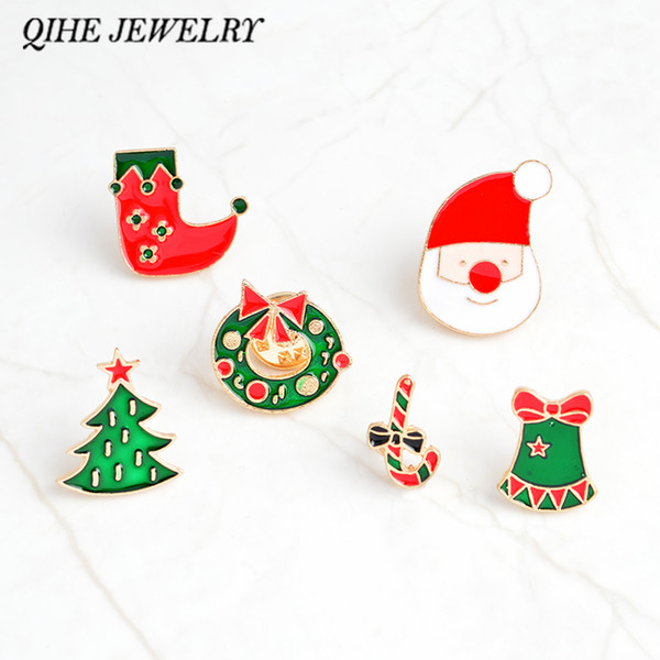 QIHE JEWELRY Brooches and pins Christmas pins Christmas tree wreath stocking bells santa brooches Christmas decoration gifts