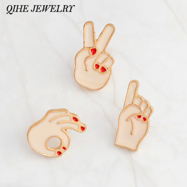 QIHE JEWELRY Victory,OK,finger gesture sign Pins and brooches Cartoon cute kawaii Lapel pins Badges Backpack Hat Jewelry