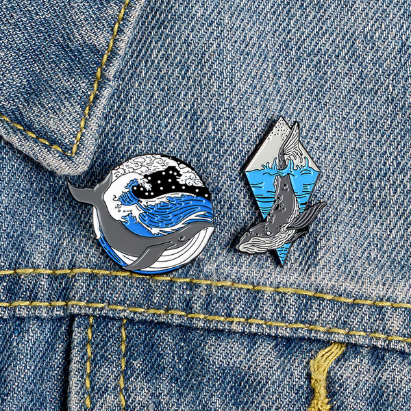 Lapel Pin Ocean Whale Enamel Marine Animal Humpback Whale Deep Sea Wave Cartoon Jewelry Bag Brooches For Gifts